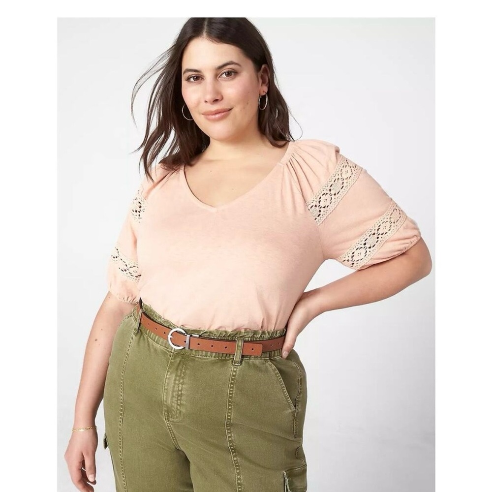 Lane Bryant Blush Pink/Peach Crochet-Trim V-Neck Women’s Top
